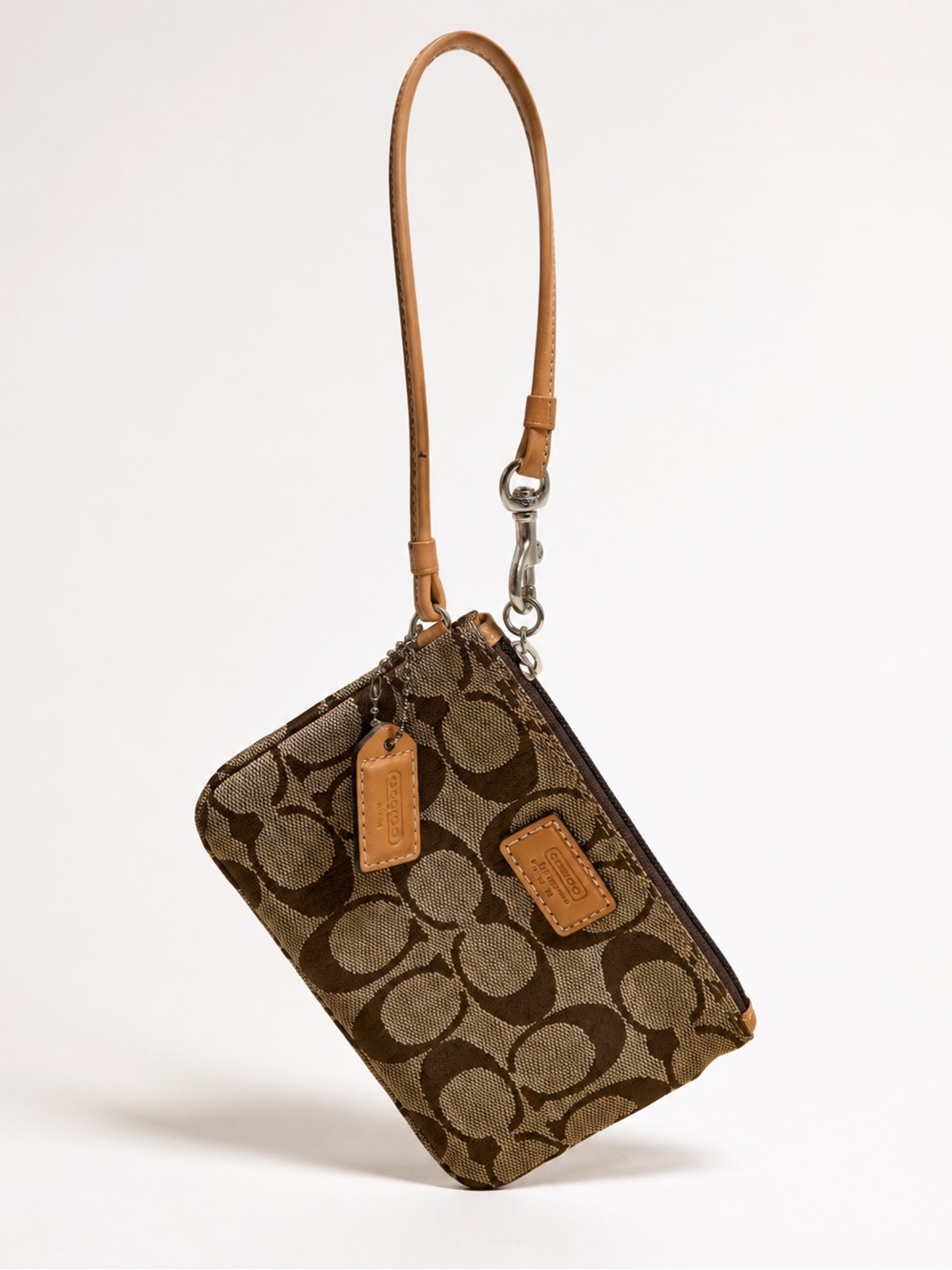 Vintage Coach Brown Signature Canvas Wristlet with Tan Leather Strap